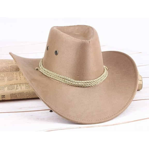 Mens Faux Felt Western Cowboy Hat Fedora Outdoor Wide Brim Hat with Strap