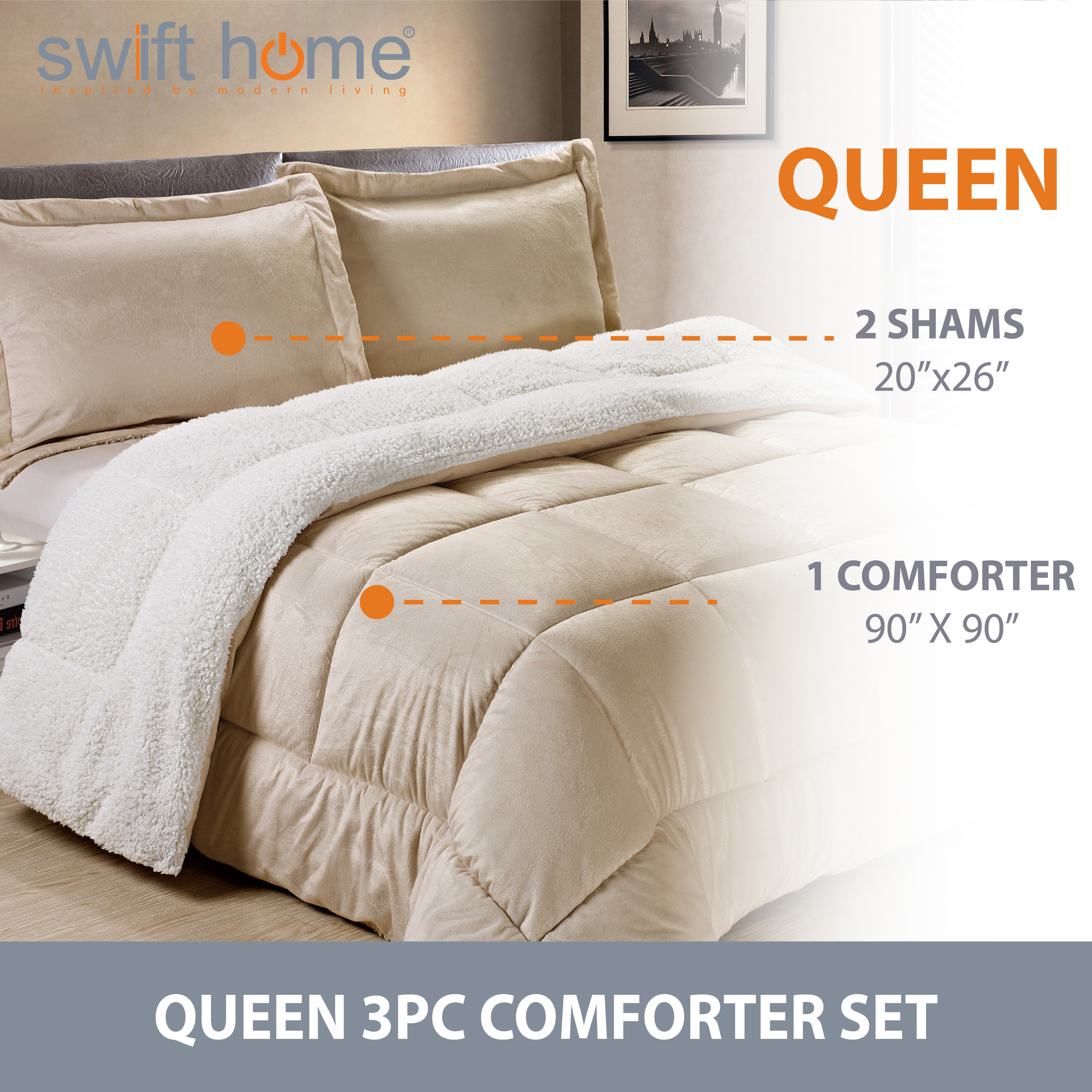 Swift Home 3PC Reversible Winter Plush Sherpa Faux Micromink Comforter Set, Camel, Queen