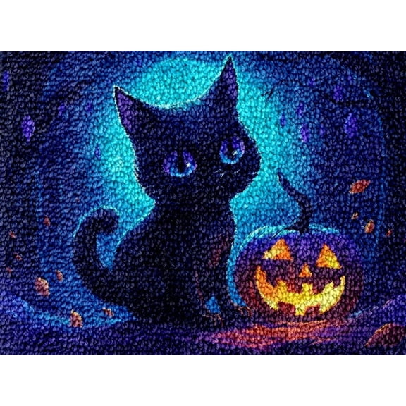 Halloween Kitten Latch Hook Kits Rug DIY Cushion Tapestry Making Crochet Hook Mat Making Kits Color Preprinted Pattern Canvas DIY Carpet Needlework Crochet Kits 52x38cm (d99-4)