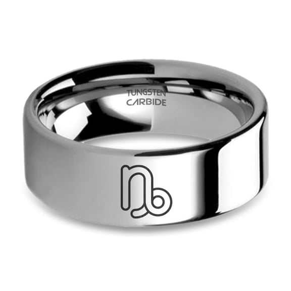 Capricorn Astrology Sign Engraved Silver Tungsten Carbide Ring, 8mm, Size 15