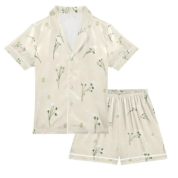 Silky Satin Kids' Pajama Set Breathable & Smooth Unisex Button-Down Pajamas White Dandelion