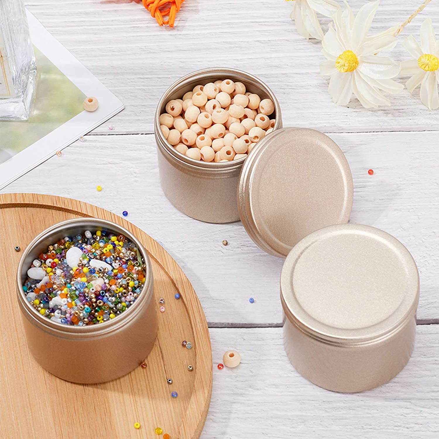 1.7oz Metal Tins 20 Pack Deep Solid Slip Top Round Tin Containers with Lids Metal Storage Tin Jars for Cosmetics Party Favors and Gifts Light Gold