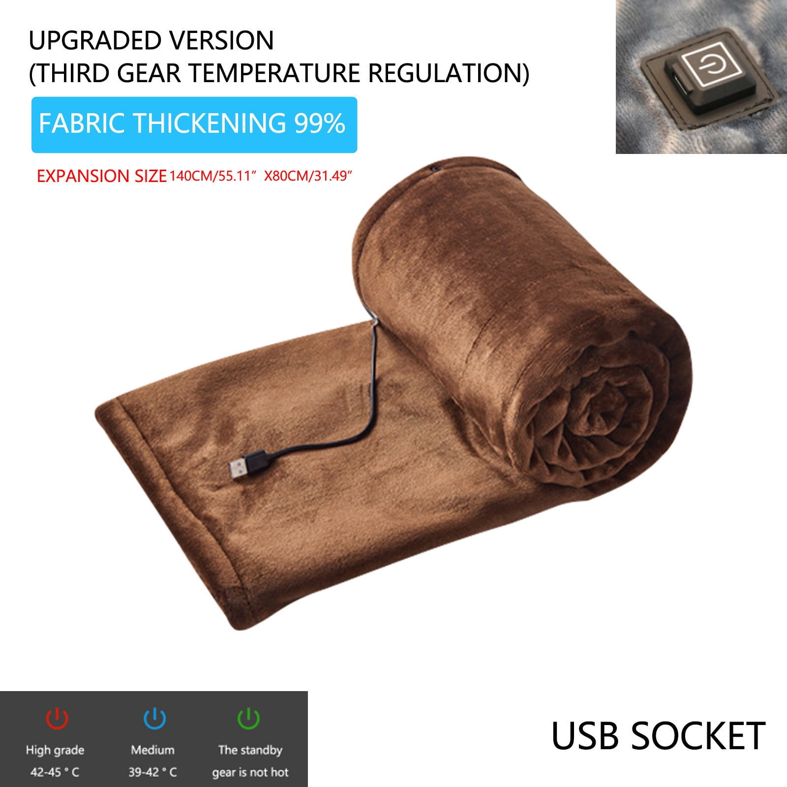 Uxgjfwu USB Rechargeable Heated Blanket, Washable Electric Heated Throw Blanket with 3 Heating Levels, Portable Battery Powered Camping Blanket for Winter Travel Office Home
