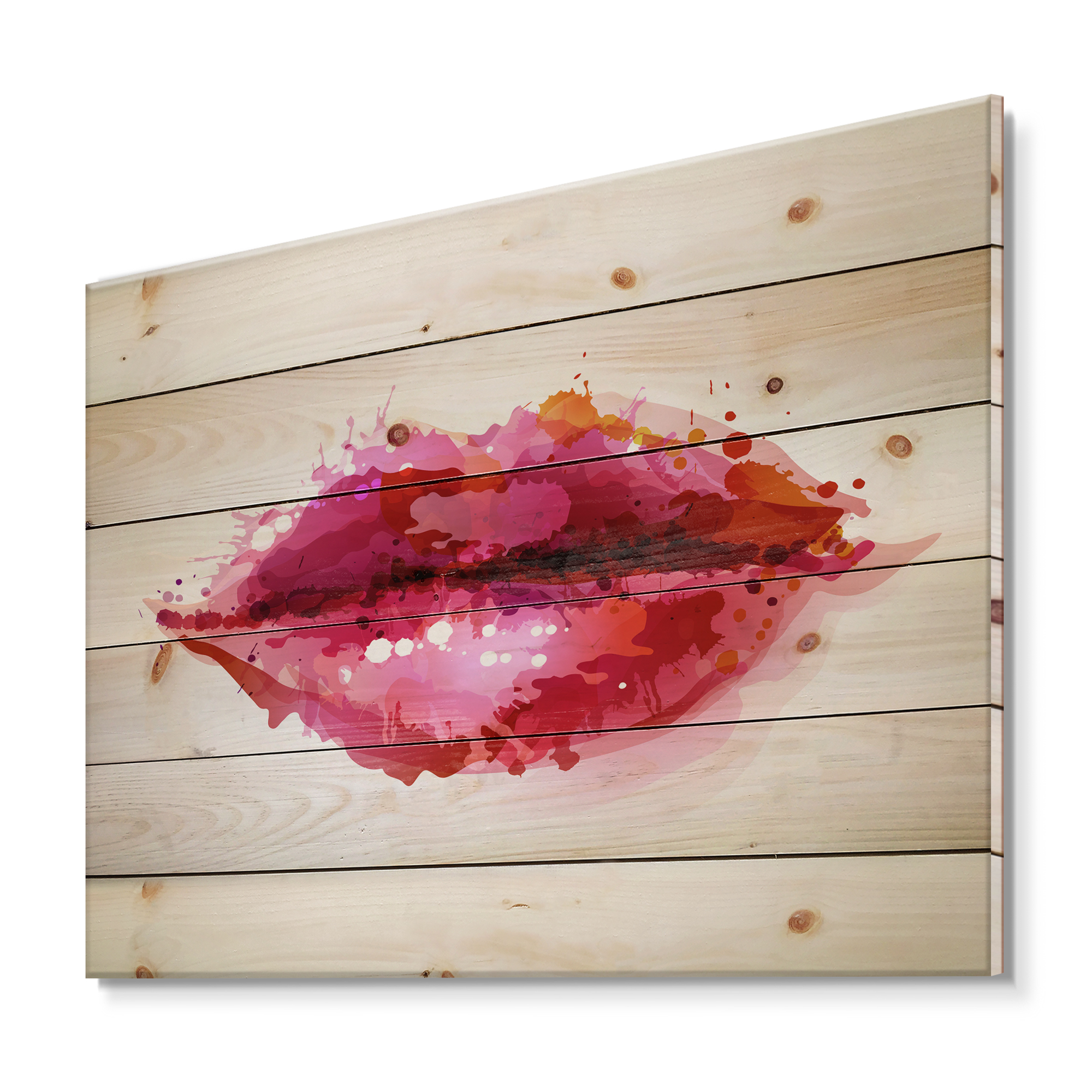 Designart 'Red Girl Lips Formed By Abstract Blots' Modern Print on Natural Pine Wood