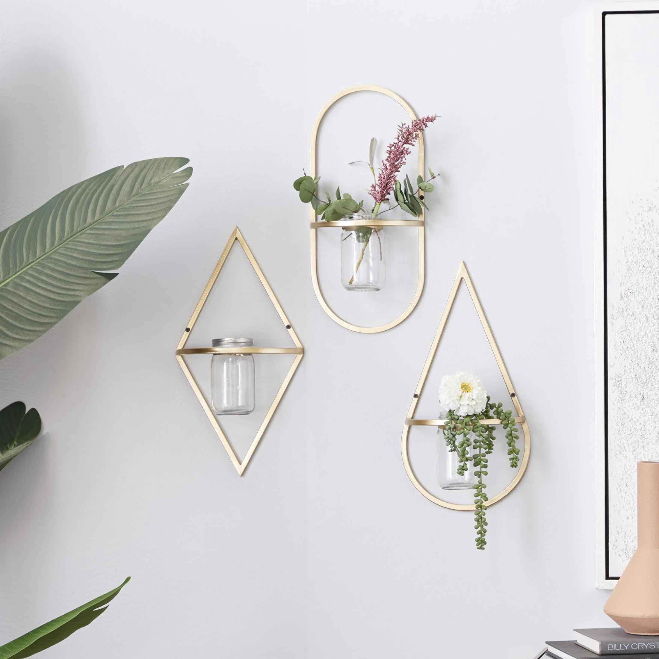 CosmoLiving by Cosmopolitan 8"W, 17"H Round Gold Metal Geometric Wall Planter with Glass Holder (3 Count)
