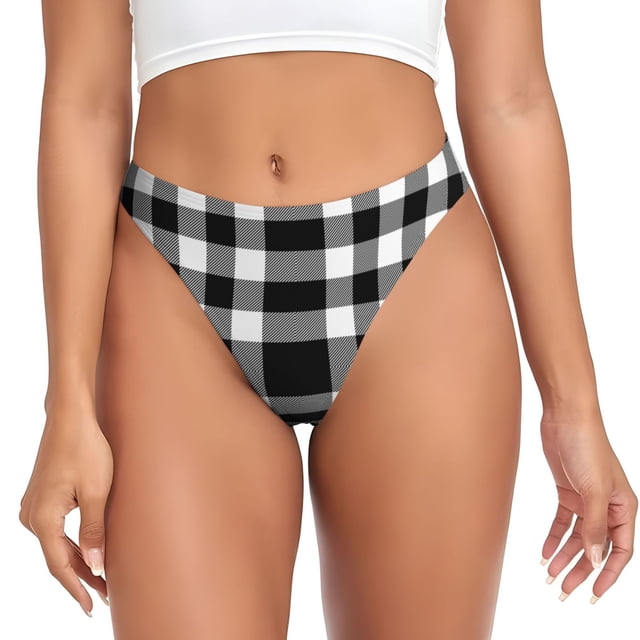 Balery White And Black Plaid Tangas de Algodón para Mujer con Estampado – Ropa Interior Sexy, Transpirable, G-string-Large