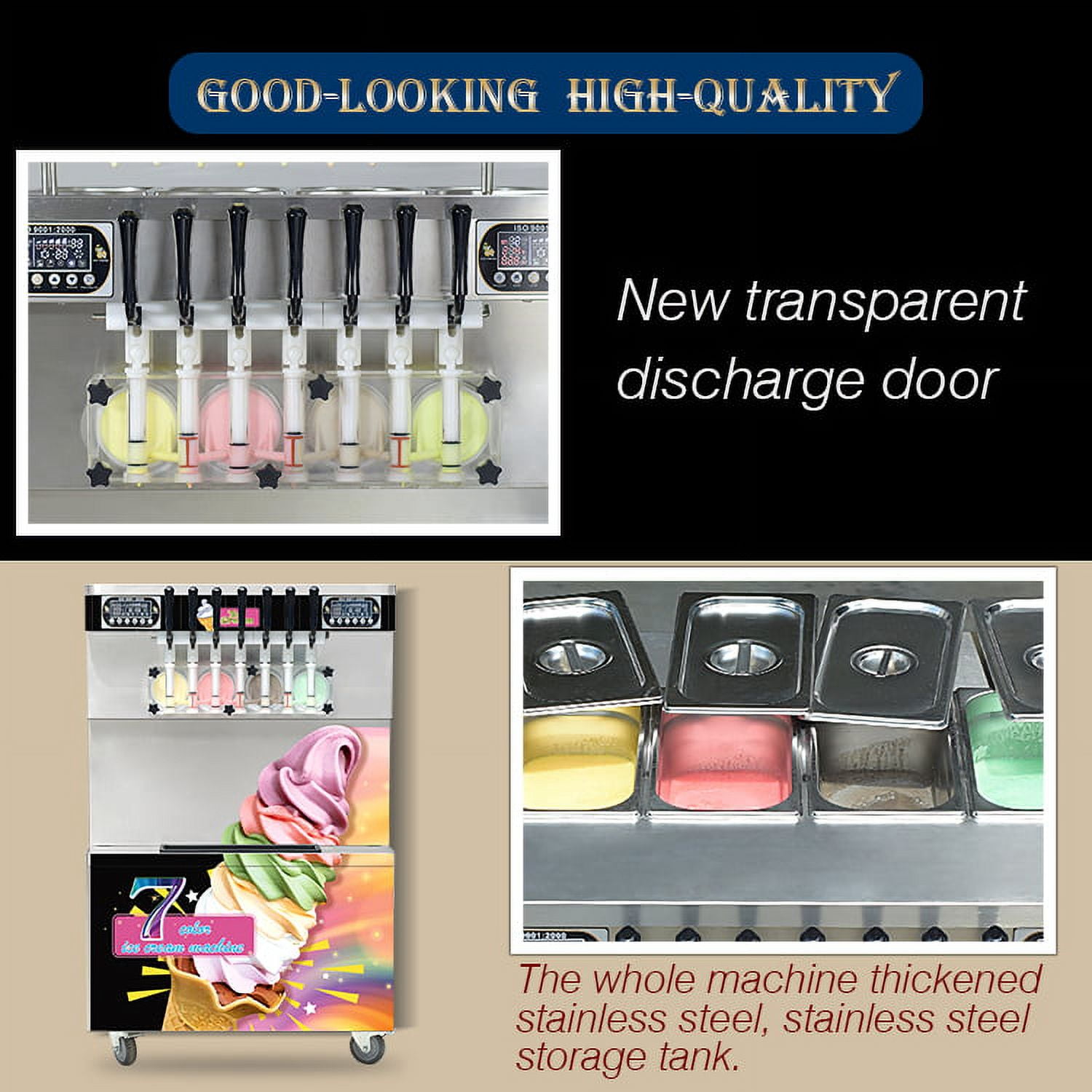 Kolice ETL Commercial Countertop 7 Flavors Soft Serve Ice Cream Machine-Transperant Dispenser, Upper Tanks Refrigerated