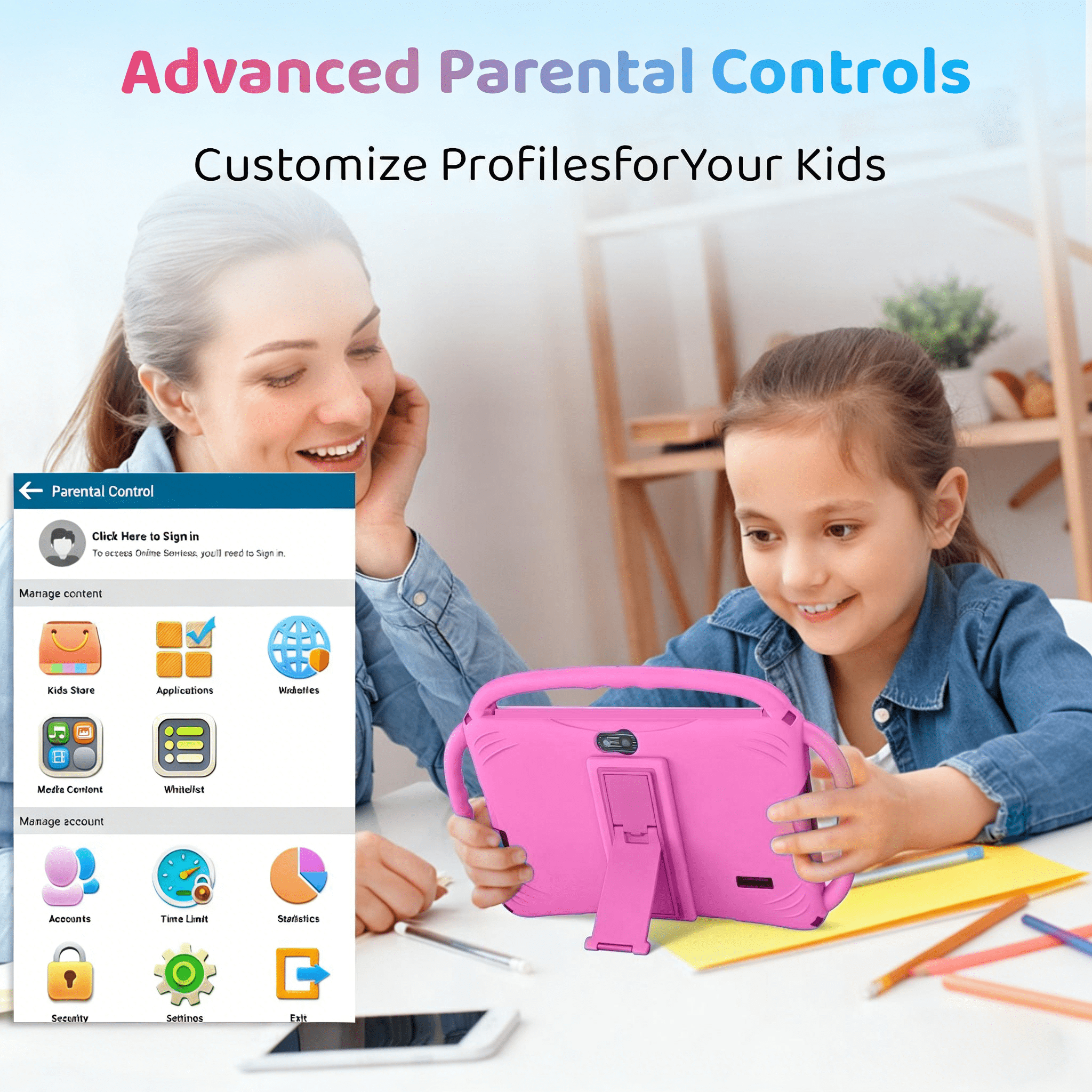 Kids Tablet 7 inch Android for Toddler, 6GB RAM 32GB ROM Bluetooth IPS Screen Parental Control Dual Camera Shockproof Case for Educational Games (pink)