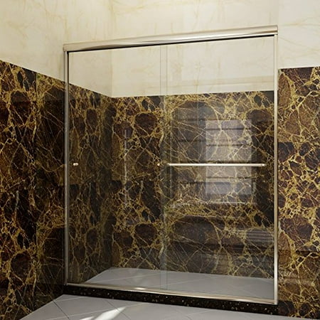 SUNNY SHOWER B020, 60" W x 72" H Frameless Bypass Sliding Shower Doors, 1/4" Clear Glass, Brushed Nickel Finish