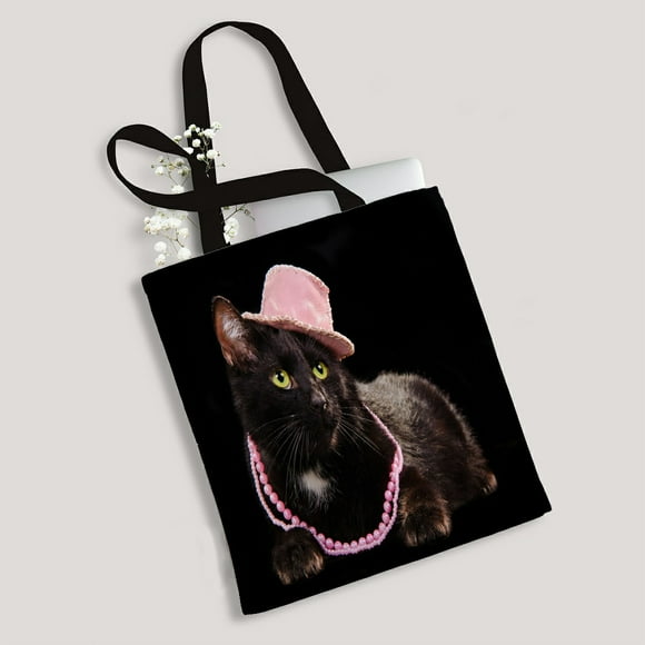 EREHome Glamorous black cat wearing pink hat and beads against black Canvas Bag Reusable Tote Grocery Shopping Bags Tote Bag 14"(W) x 16"(H)