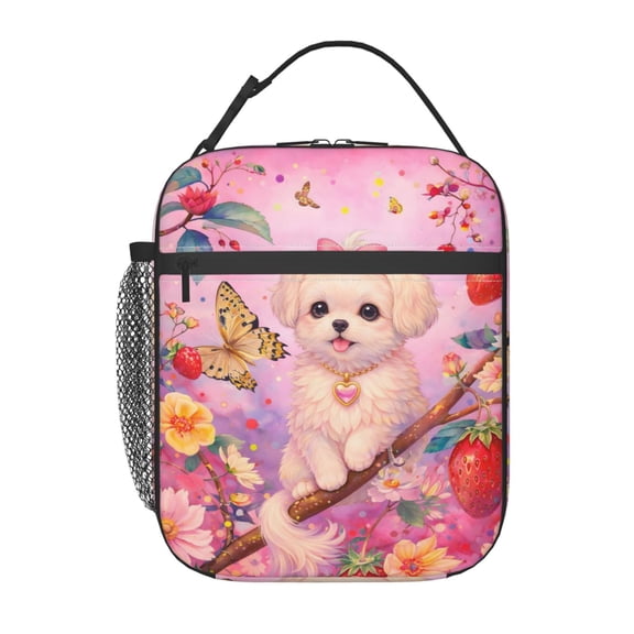 Cute Puppy Floral Lunch Bag Portable Thermal Lunch Box for Men and Women