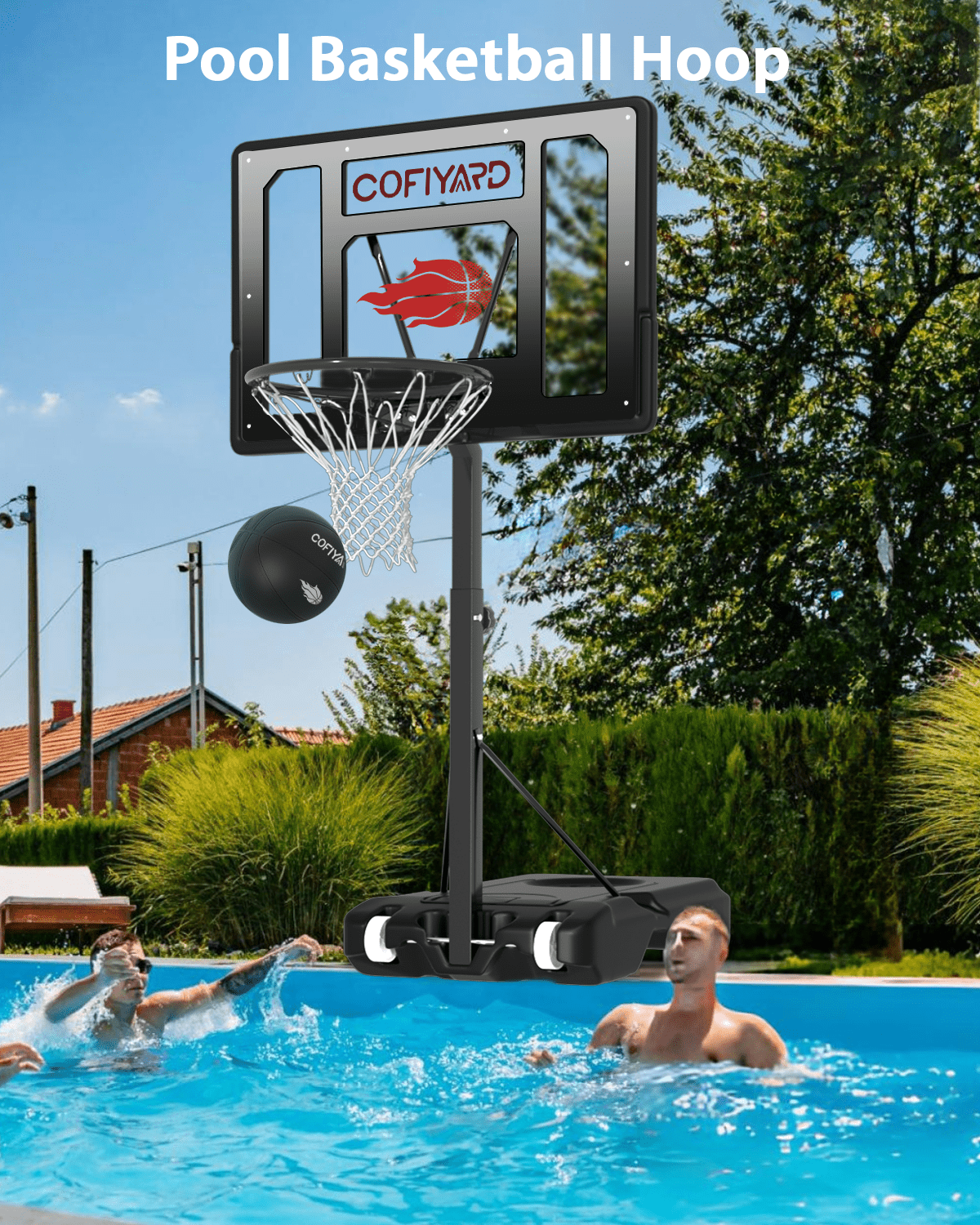 Cofiyard Swimming Pool Basketball Hoop, 32" Shatterproof PC Backboard, Adjustable Poolside Basketball Goal with 2 Balls Outdoor for Teens Adults