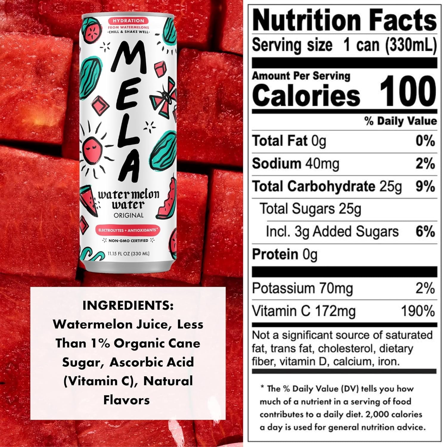 Mela Water Watermelon Juice Drink, Electrolytes Antioxidants, Refreshing Hydration, Coconut Water Alternative, Vitamin C,16.9 fl oz (Pack of 12)