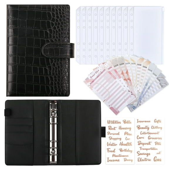 SKYDUE Budget Binder with Zipper Envelopes, PU Leather A6 Binder & 12 Budget Sheets & 10 Cash Envelopes, 29 Rose Gold Stickers for Budgeting and Saving Money, Black