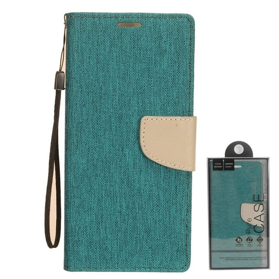 Apple iPhone 12 PRO MAX /6.7" Wallet Premium Canvas Pu Leather Pocket Folio Book Cover Flip Stand [Lanyard Strap & Credit Card Holder Slots] Teal Phone Cover forApple iPhone 12 Pro Max