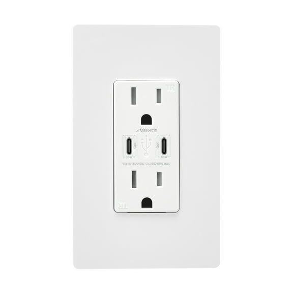 Maxxima 15A USB Wall Outlet, 65W Power Delivery GaN QC 3.0 Type-C Vertical Charging Ports, Wall Plate Included