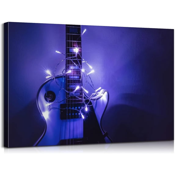 Electric Guitar Canvas Wall Art Rock and Roll Guitar with Purple Fairy Light Wall Decor Music Decor Guitar Wall Art Music Classroom Decorations for Music Lover Ready to Hang 12x18