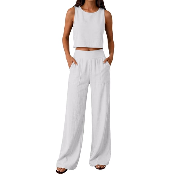Khunlpohl Women's 2 Piece Sets Crew Neck Cropped Sleeveless Tank Tops and Straight Leg Loose Pants Summer Trendy Casual Vacation Set