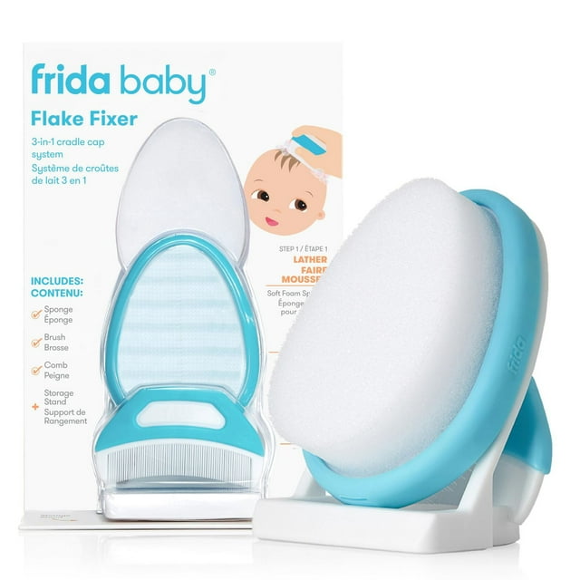 Frida Baby - DermaFrida the Flakefixer - 3-Step Cradle Cap System, Baby Sponge, Brush, Comb & Storage Stand