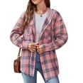 thumbnail image 2 of Women Long Sleeve Plaid Hooded Shirt Drawstring Button Up Shacket Jacket Chest Pockets Casual and Cozy, 2 of 7