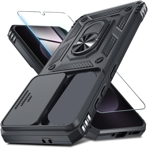 HBMYN for Samsung A37/A36 Case Built in Slide Camera Cover,Black | with Tempered Glass Screen Protector Finger Ring Holder Kickstand,Heavy Duty Shockproof Full Body Phone Cover