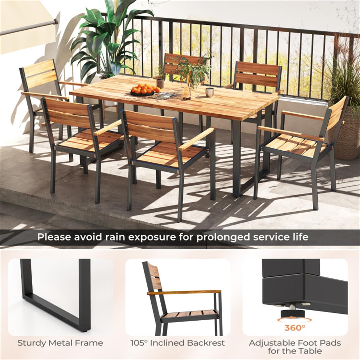 Demi Bonn 7 Pieces Acacia Wood Furniture Patio Outdoor Dining Set with Metal Frame and 2ches Umbrella Hole for Balcony Patio Garden Poolside, Brown