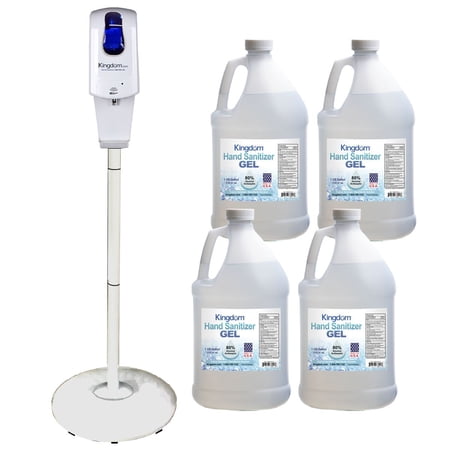 Kingdom Touchless Hand Sanitizer Dispenser with White Stand and 4 Gallons of Sanitizer Gel