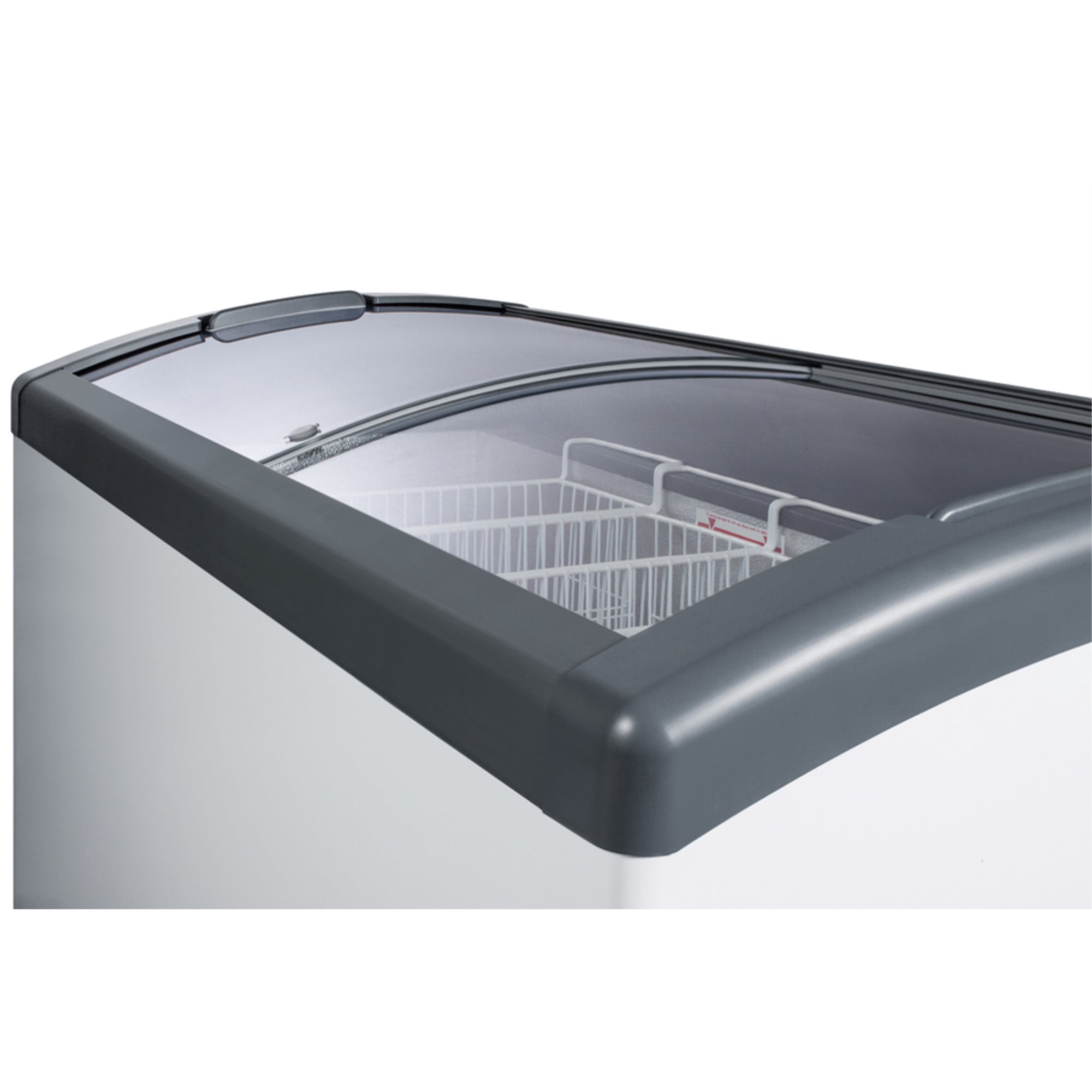 Curved top commercial ice cream freezer made in Denmark, with sliding glass lid, digital thermostat, novelty baskets, and 14.8 cu.ft. interior