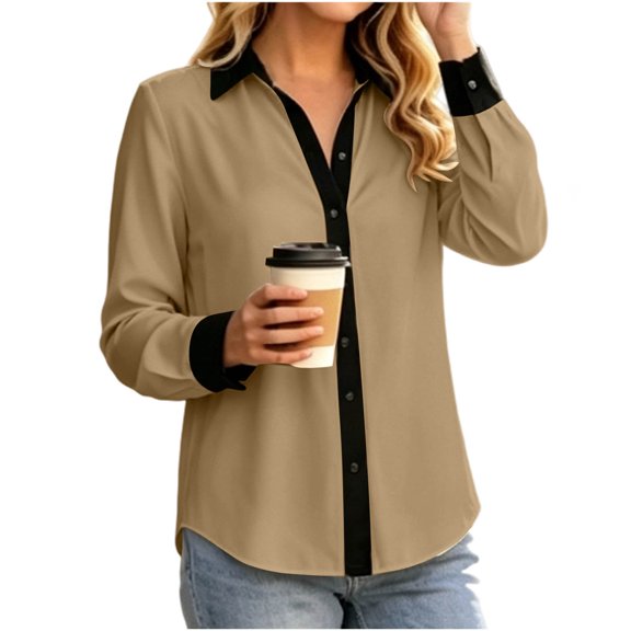 Perfectbot Women's Collared Button Down Shirt, Contrast Trim Long Sleeve Blouse Curved Hem Casual Office Work Top