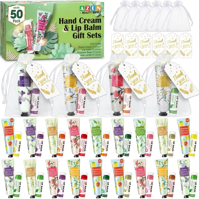 Set de crema de manos y bálsamo labial AZEN, 50 juegos con bolsa de organza