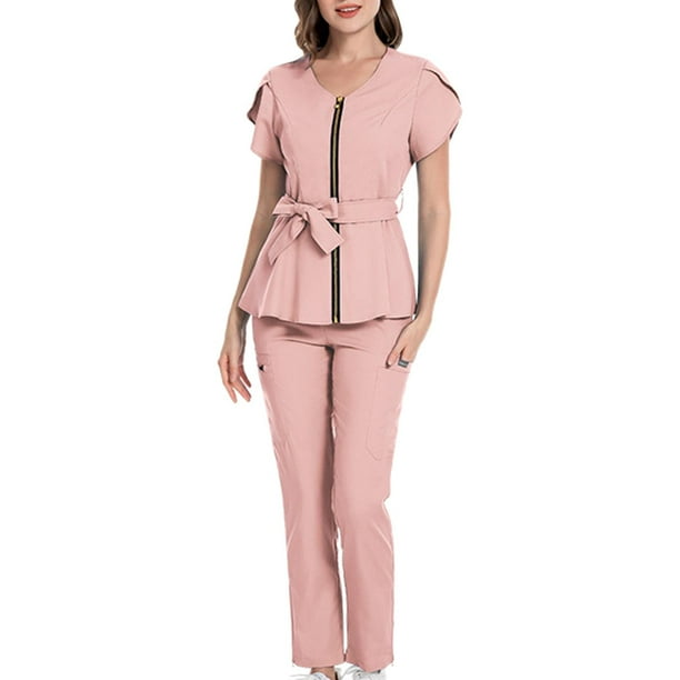 Conjuntos de uniforme de trabajo, cómodos, con cremallera frontal y manga corta, para enfermera Talla L Rosa Claro