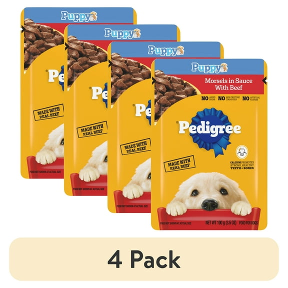 (4 pack) Pedigree Puppy Morsels With Beef Wet Puppy Food, (16) 3.5 oz Pouch