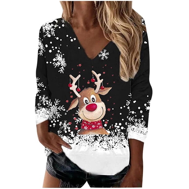 Blusa navideña de manga larga con cuello en V y estampado de copos de nieve informal a la moda para mujer Fridja FKASFK4265