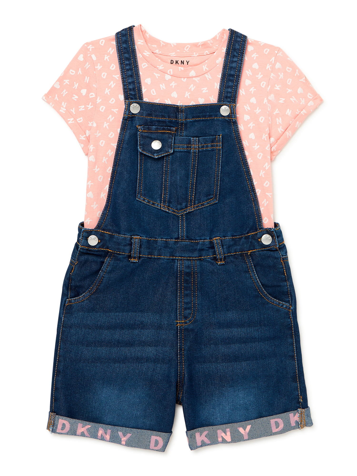 Stretch Denim Cuffed Jeans Overalls with Adjustable Straps DKNY Girls’ Overalls 