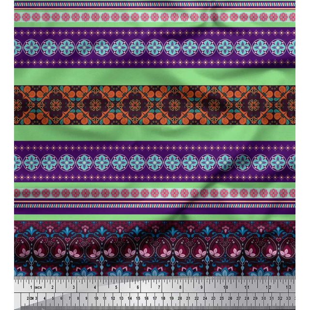 Soimoi Polyester Crepe Fabric Stripe & Paisley Decorative Print Fabric by Yard 52 Inch Wide