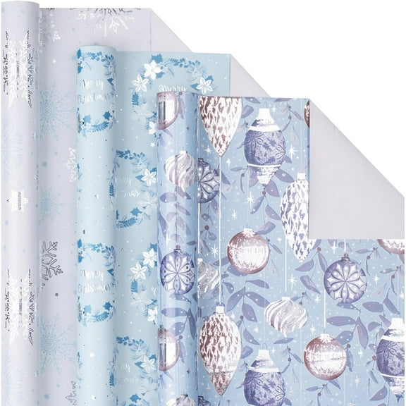BAN Blue Christmas Wrapping Paper Mini Roll, Silver Blue Winter Ornaments, Floral Wreath, Snowflake Holiday Gift Wrap, Arts Craft, for Xmas Winter Party Men Women, 17 x 120 inches, 3 Rolls