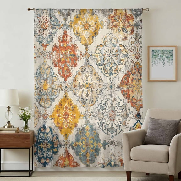 Retro Morocco Sheer Curtains 84 Inches Long, Boho Shabby Abstract Geometric Aesthetic Light Filering Curtains, Breathable Simi Curtain Privacy Drapes for Living Room Bedroom Window Treatment