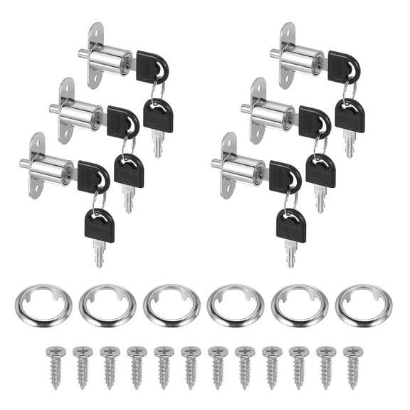 Push Plunger Lock with Keys & Screws & Locking Ring, Keyed Alike for Window Barn Drawer Cabinet 7/8"