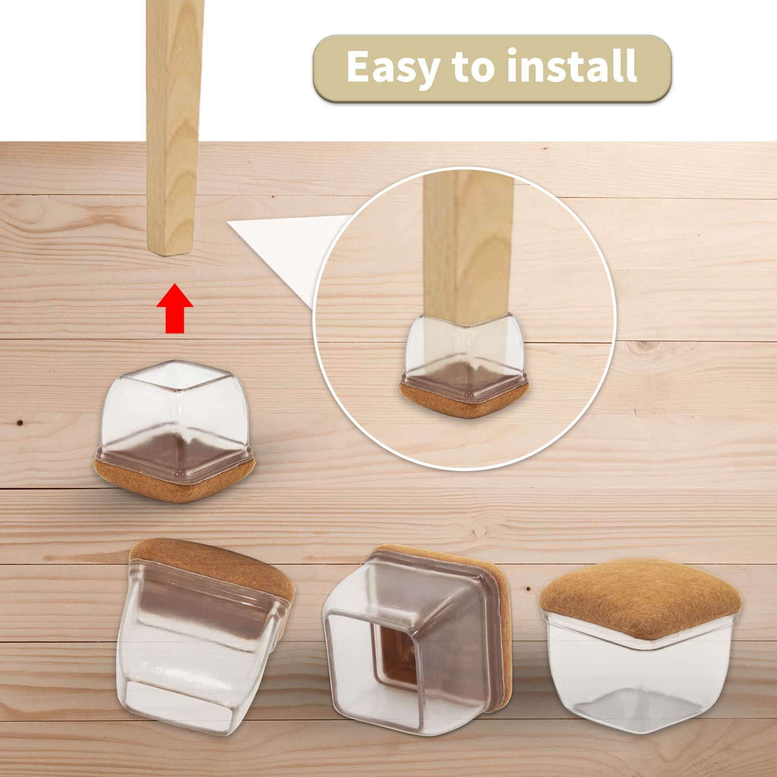 Flyshop 8PCS Square Chair Leg Caps with Felt Pads Durable Floor Protectors for Hardwood Floor Prevent Scratches Reduce Noise Foot Cap, Transparent Protective Caps, 28 to 40 mm