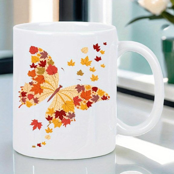 Ceramic Coffee Mug Autumn Cup with Red Orange and Yellow Fall Leaves Dishwasher White Cup Home Office or Thanksgiving Decor Seasonal Autumn Decoration