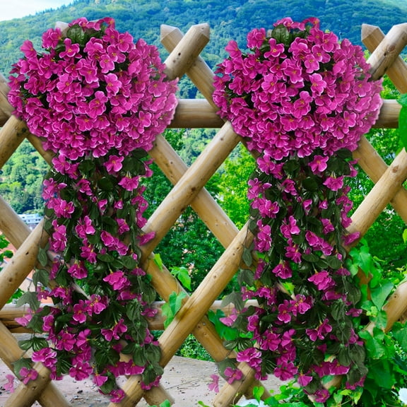 Djiypn Artificial Fake Hanging Plants Flowers for Outdoor Outside Decoration, 2PCS Faux Silk Glory Long Vines Look Real for Home Porch Patio Planter, Purple