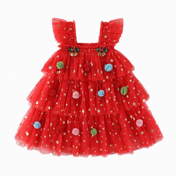 enyan Toddler Baby Girl Christmas Dress Star Sequin Layered Tutu Tulle Dress Girls Cake Smash Xmas Tree Dresses Red,2-3 Years