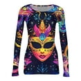 thumbnail image 4 of Mardi Gras Shirts for Women Feathers Print Carnival Crew Neck Tops Glitter Long Sleeve Holiday Tunic Tops Blue 2XL, 4 of 7