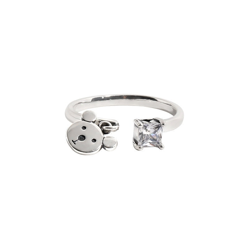 Personalized Vintage Bear Ring, Adjustable Copper Ring with 3A Zircon, Single Diamond Inlay, Fashion Ring for Women