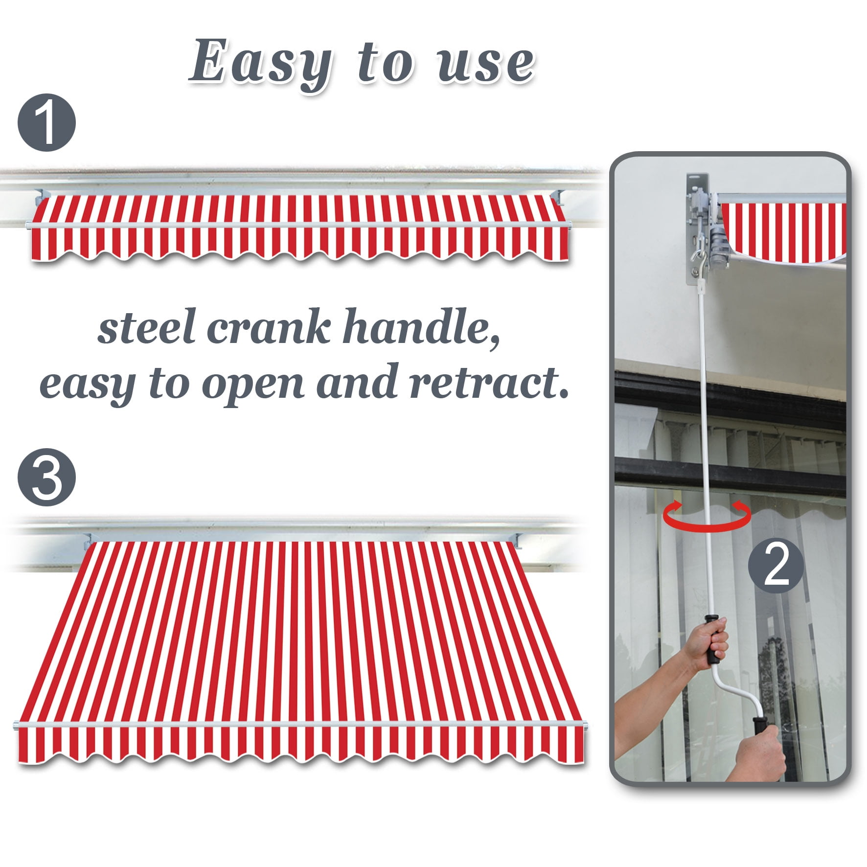 Sunny 12' x 8' Manual Retractable Patio Deck Awning Cover Canopy Sunshade (Red and White)