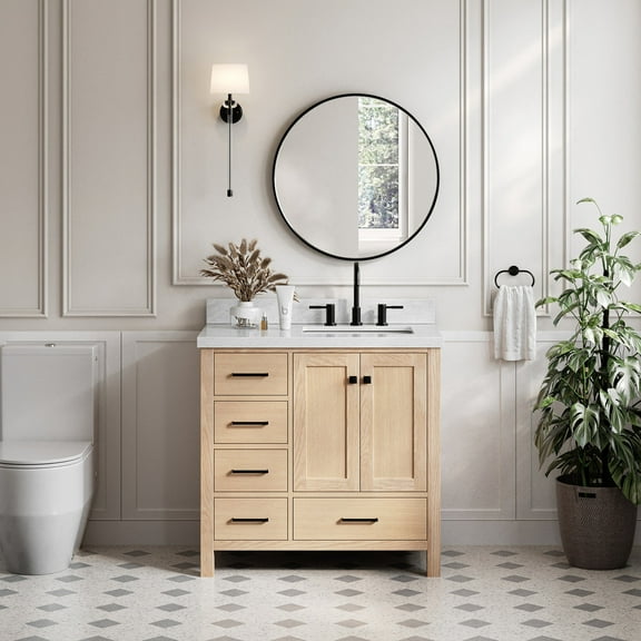 Ariel Cambridge 37 Inch Single Rectangular Sink Bathroom Vanity With Italian Carrara Marble Countertop 1.5 Inch Edge In Oak