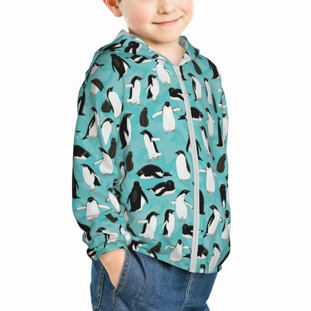 

Uemuo Penguins Pattern Rash Guard for Boys Girls Long Sleeve Swim Shirts UPF 50+ UV Sun Protection Hooded Fishing Shirt with Pocket for Kid-5 Years