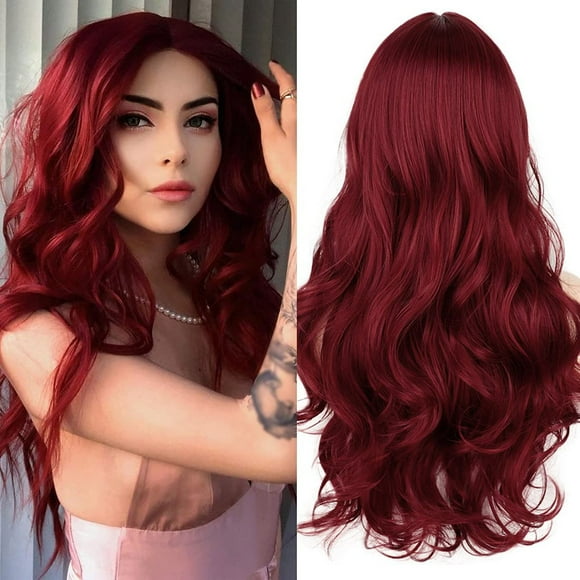 Long Red Lace Front Wig for Women Middle Parts Long Wavy Human Hair Wig With Lace Front Wig Caps