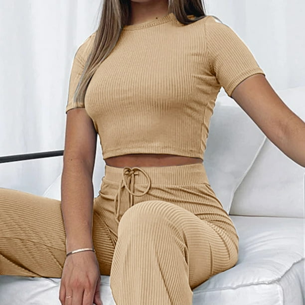 Conjunto de pantalones casuales de manga corta con ombligo expuesto para mujer Conjunto de cintura alta para uso diario FLhrweasw Para estrenar Bodega Aurrera en linea