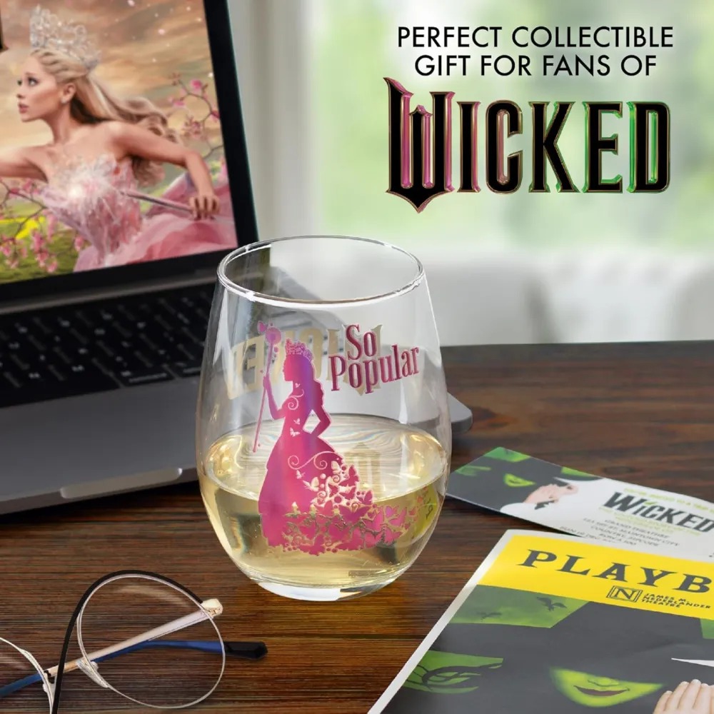 SCS Direct Wicked For Good Stemless Wine Glasses Set of 4, 18oz - Officially Licensed Movie Merchandise- Glinda Popular & Elphaba Defy Gravity Designs - Broadway Theater Gift For Adults, Women, Men
